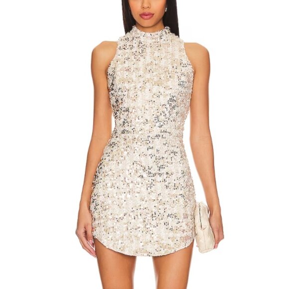 Amanda Uprichard Dresses & Skirts - Amanda Uprichard Marshall Mini Dress Medium Gold Beige Sequin Mock Neck Revolve